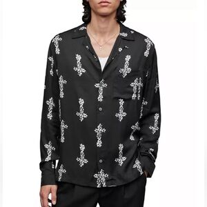 ALLSAINTS Crossout Men's Long Sleeve Button Down Shirt Size L Black Cross Print